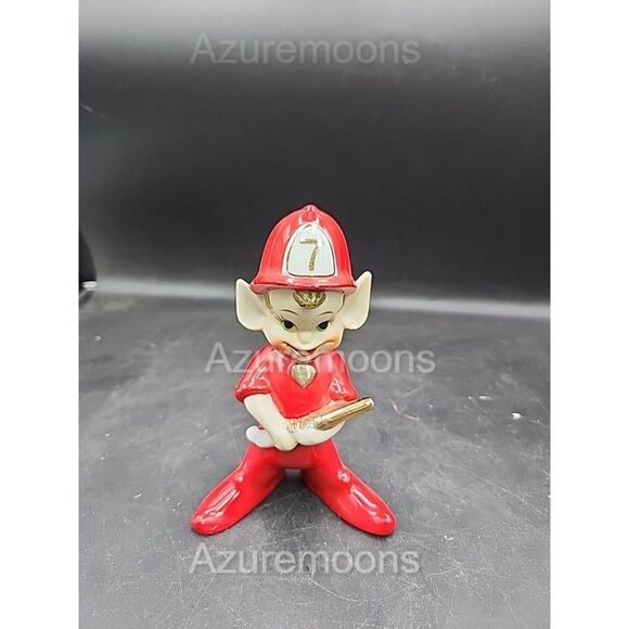 wales Vintage Ceramic Red Fireman With Hose CHRISTMAS Pixie ELF Figurine Japan - Picture 1 of 9